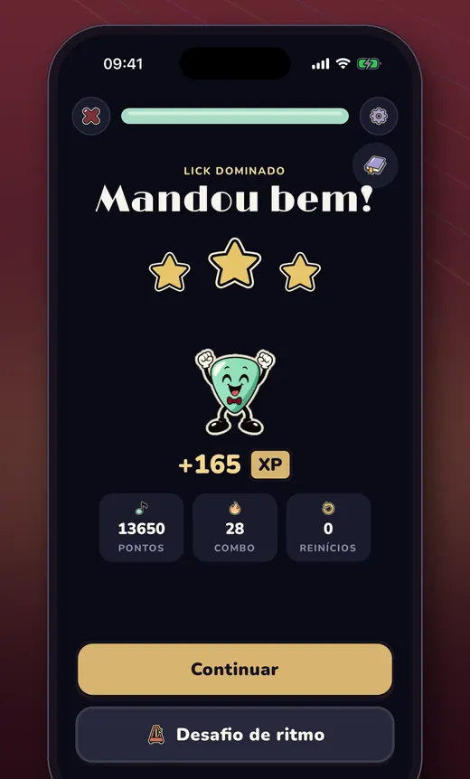 El resultado de una lección: tres estrellas, XP ganado y cero reinicios.